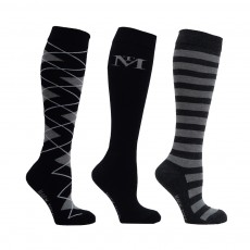 Mark Todd Women's Argyle & Stripe Long Socks 3pk (Black/Silver)