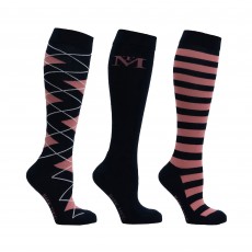 Mark Todd Women's Argyle & Stripe Long Socks 3pk (Navy/Rose)